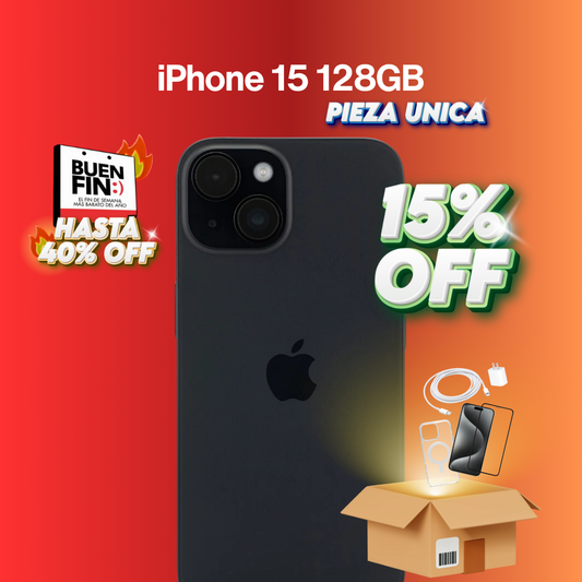 iPhone 15 128GB Seminuevo 100% batería Negro BUEN FIN