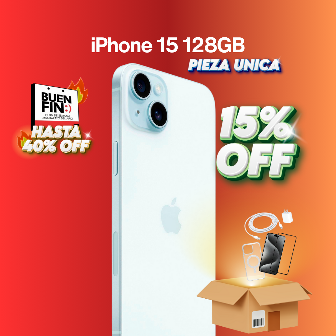 iPhone 15 128GB Seminuevo 100% batería Azul BUEN FIN